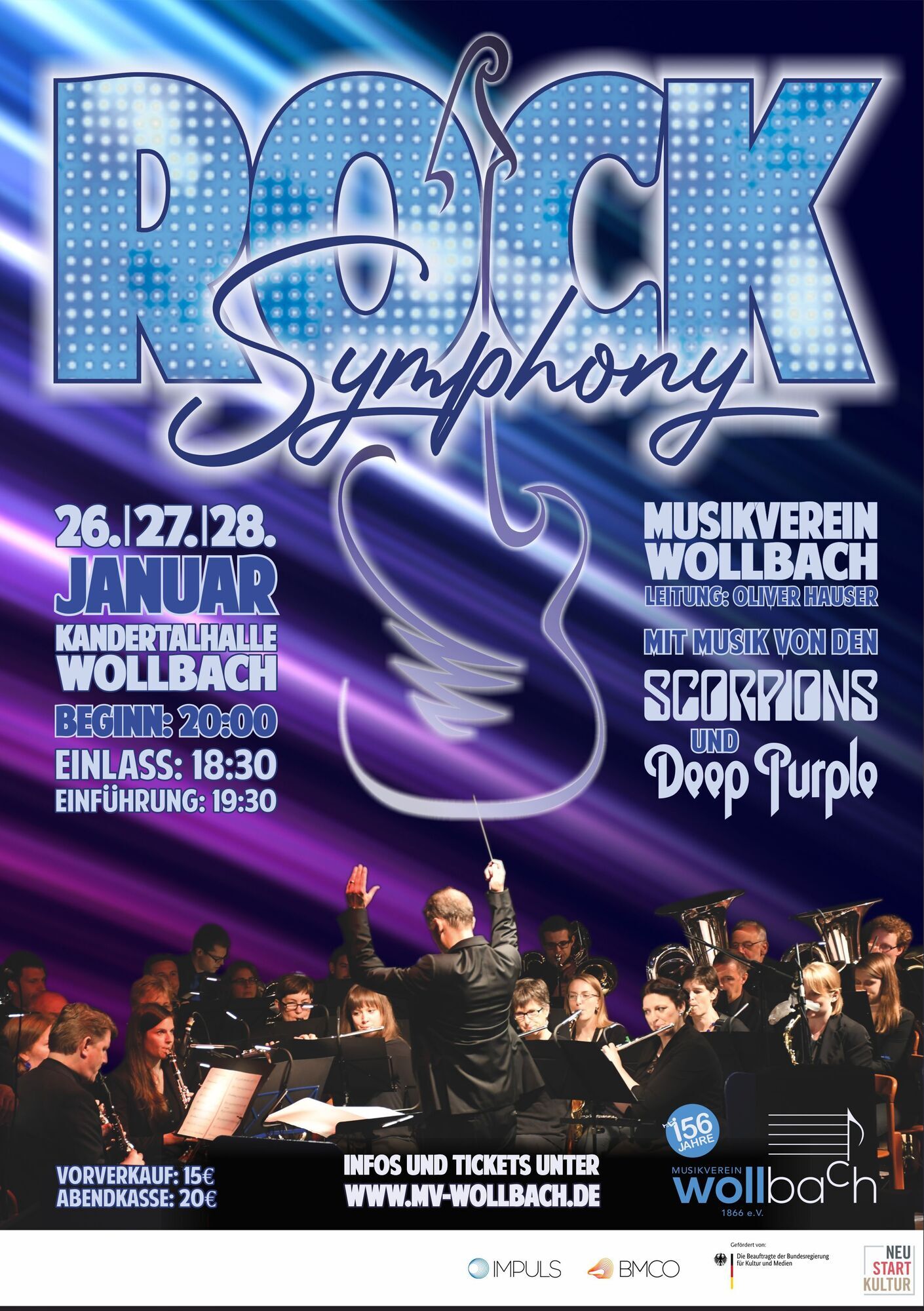 Jahreskonzert 2023 - Rock Symphony von Donnerstag 26., Freitag 27. und Samstag 28. Januar um 20 Uhr in der Kandertalhalle in Wollbach. Einlass 18:30 Uhr.